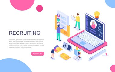 Modern düz tasarım izometrik kavramı iş işe afiş ve Web sitesi için. İzometrik açılış sayfası şablonu. İşveren, işadamı kaynakları, insan kaynakları iş tanıtımı. Vektör çizim.