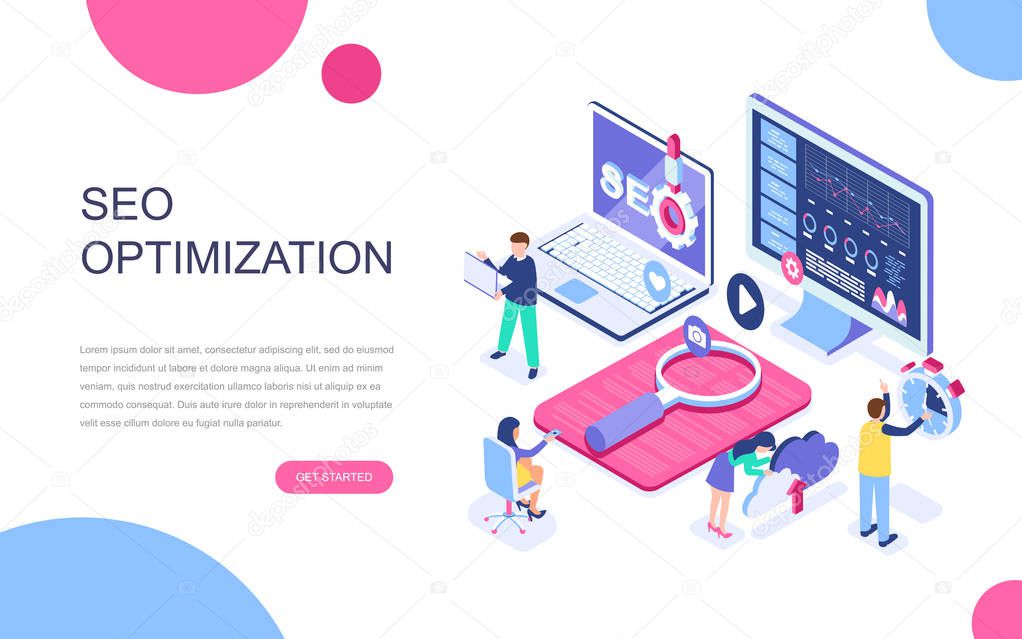 Modern flat design isometric concept of SEO Analysis for banner and website. Isometric landing page template. Search engine optimization, strategies and marketing. Vector illustration.