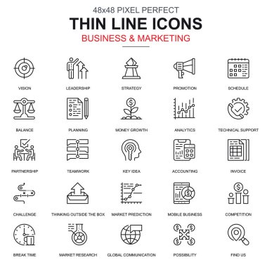 İnce çizgi işletme ve pazarlama web sitesi ve mobil site ve uygulamalar için simgeler. Liderlik, vizyon, muhasebe gibi simgeler içerir. 48 x 48 piksel mükemmel. Doğrusal piktogram paketi. Vektör çizim.