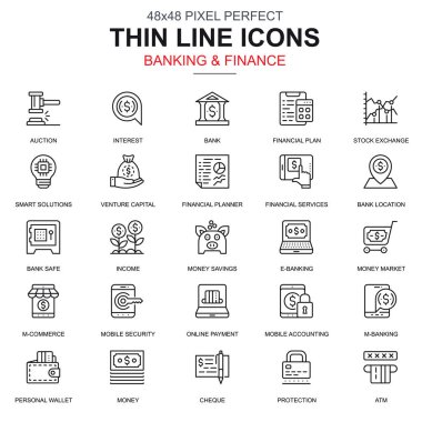 Web ve mobil site ve uygulamalar için ince çizgi bankacılık ve finans simgeler. Banka, finansal planlama, M-ticaret olarak böyle simgeleri içerir. 48 x 48 piksel mükemmel. Doğrusal piktogram paketi. Vektör çizim.