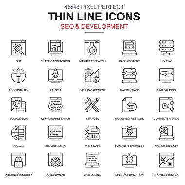 İnce çizgi seo ve geliştirme simgeler Web sitesi ve mobil site ve uygulamalar için ayarlayın. Hosting, araştırma, programlama olarak böyle simgeleri içerir. 48 x 48 piksel mükemmel. Doğrusal piktogram paketi. Vektör çizim.