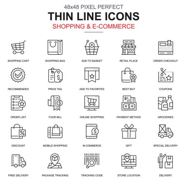 Simgeleri ince çizgi çevrimiçi alışveriş ve e-ticaret Web sitesi ve mobil site ve uygulamalar için ayarlayın. Sepet, teslimat, etiket olarak böyle simgeleri içerir. 48 x 48 piksel mükemmel. Doğrusal piktogram paketi. Vektör çizim.