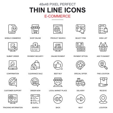 Simgeleri ince çizgi çevrimiçi alışveriş ve e-ticaret Web sitesi ve mobil site ve uygulamalar için ayarlayın. Ödeme, destek olarak böyle simgeleri içerir. 48 x 48 piksel mükemmel. Doğrusal piktogram paketi. Vektör çizim.