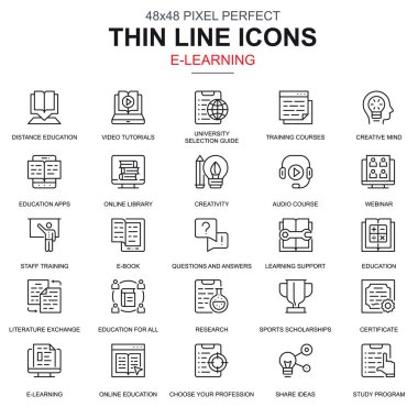 İnce çizgi online eğitim, e-öğrenme, e-kitap kutsal kişilerin resmi web sitesi ve mobil site ve uygulamalar için ayarlayın. Kütüphane, Webinar olarak böyle simgeleri içerir. 48 x 48 piksel mükemmel. Doğrusal piktogram paketi. Vektör çizim.