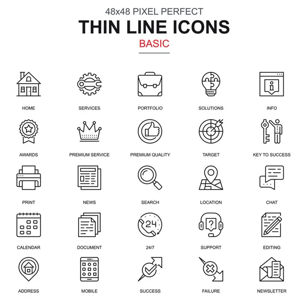 İnce çizgi temel kutsal kişilerin resmi web sitesi ve mobil site ve uygulamalar için ayarlayın. Portföy, Hizmetleri, hedef, Ödülleri, destek olarak böyle simgeleri içerir. 48 x 48 piksel mükemmel. Doğrusal piktogram paketi. Vektör çizim.