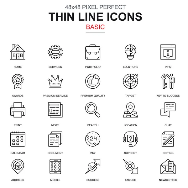 Dünne Linie Grundlegende Symbole Für Website Und Mobile Website Und — Stockvektor