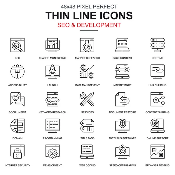 Pictogrammen Voor Het Seo Ontwikkeling Van Dunne Lijn Ingesteld Voor — Stockvector