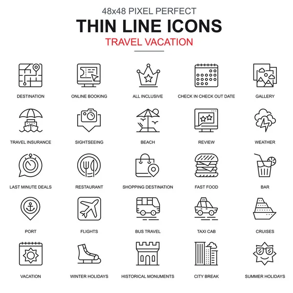İnce çizgi seyahat ve Turizm, seyahat acentaları simgeler için Web sitesi ve mobil site için apps ayarlayın. Rezervasyon, tatil olarak böyle simgeleri içerir. 48 x 48 piksel mükemmel. Doğrusal piktogram paketi. Vektör çizim.