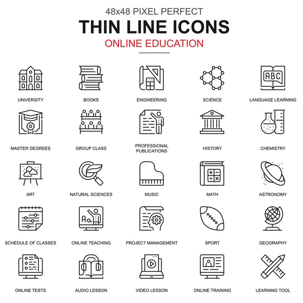Thin Line Online Education Learning Book Icons Set Website Mobile — Image vectorielle