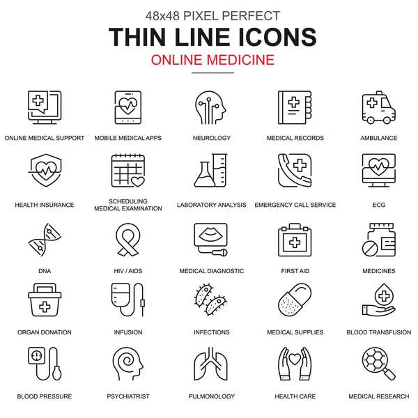 Soins Santé Médecine Ligne Mince Icônes Équipement Médical Réglées Pour — Image vectorielle