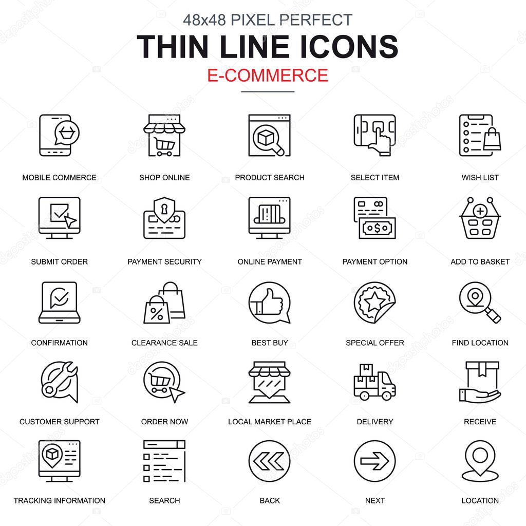 Thin line online shopping and e-commerce icons set for website and mobile site and apps. Contains such Icons as Payment, Support. 48x48 Pixel Perfect. Linear pictogram pack. Vector illustration.