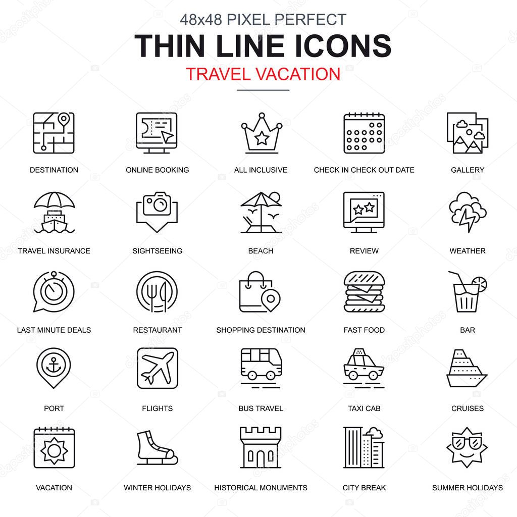Thin line travel and tourism, for travel agencies icons set for website and mobile site apps. Contains such Icons as Booking, Holiday. 48x48 Pixel Perfect. Linear pictogram pack. Vector illustration.