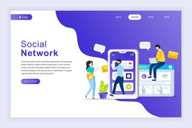 Modern düz tasarım sosyal ağ web sitesi ve mobil web sitesi geliştirme için. Açılış sayfası şablonu. Sanal iletişim ve medya paylaşımı. Vektör çizim.