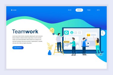 Ekip çalışması kavramı modern düz tasarım Web sitesi ve mobil web sitesi geliştirme için. Açılış sayfası şablonu. İşletme Yönetimi, online iletişim ve finans. Vektör çizim.