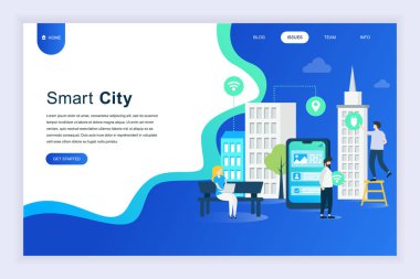 Akıllı şehir kavramını modern düz tasarım Web sitesi ve mobil web sitesi geliştirme için. Açılış sayfası şablonu. İş Merkezi gökdelenler ile şehrin sokaklarında yollar bağlı. Vektör çizim.