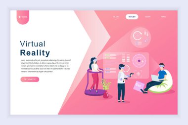 Web sitesi ve mobil web sitesi geliştirme için modern düz tasarım konsepti sanal Augmented Reality. Açılış sayfası şablonu. Dokunaklı vr arayüzü ile giyen kulaklık insanlar. Vektör çizim.