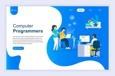 Bilgisayar programcıları kavramını modern düz tasarım Web sitesi ve mobil web sitesi geliştirme için. Açılış sayfası şablonu. Proje ekibi Web sitesi kodlamak için mühendisler geliştiricisi. Vektör çizim.