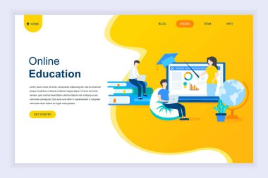 Online eğitim kavramı modern düz tasarım Web sitesi ve mobil web sitesi geliştirme için. Açılış sayfası şablonu. Online eğitim kursları, uzmanlık, üniversite eğitimi. Vektör çizim.