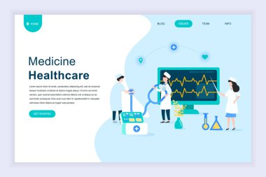 Web sitesi ve mobil web sitesi geliştirme için modern düz tasarım konsepti Online Tıp ve sağlık. Açılış sayfası şablonu. Hastayı tedavi doktorlar. Vektör çizim.