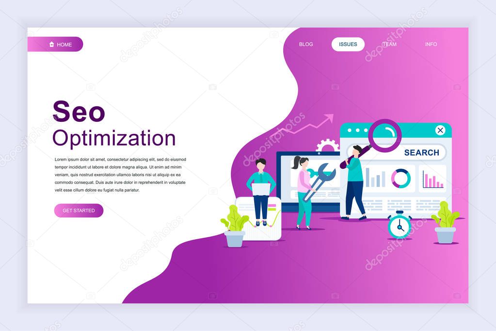 Modern flat design concept of SEO Analysis for website and mobile website development. Landing page template. Search engine optimization, strategies and marketing. Vector illustration.