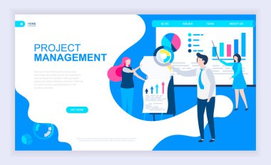 Modern düz tasarım konsepti ile dekore edilmiş küçük insanlar karakter Web sitesi ve mobil web sitesi geliştirme için proje yönetimi. Kullanıcı arabirimi ve Ux tasarım. Açılış sayfası şablonu. Vektör çizim.