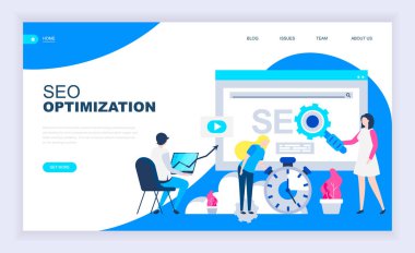 Seo optimizasyon modern düz tasarım konsepti ile dekore edilmiş küçük insanlar karakter Web sitesi ve mobil web sitesi geliştirme için. Kullanıcı arabirimi ve Ux tasarım. Açılış sayfası şablonu. Vektör çizim.
