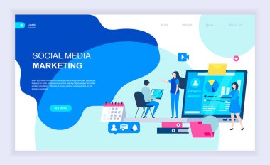 Modern düz tasarım kavramı sosyal medya pazarlama ile Web sitesi ve mobil web sitesi geliştirme için dekore edilmiş küçük insanlar karakter. Kullanıcı arabirimi ve Ux tasarım. Açılış sayfası şablonu. Vektör çizim.
