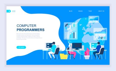 Bilgisayar programcıları modern düz tasarım konsepti ile dekore edilmiş küçük insanlar karakter Web sitesi ve mobil web sitesi geliştirme için. Kullanıcı arabirimi ve Ux tasarım. Açılış sayfası şablonu. Vektör çizim.