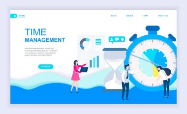 Zaman yönetimi kavramı modern düz tasarım Web sitesi ve mobil web sitesi geliştirme için dekore edilmiş küçük insanlar karakter ile. Kullanıcı arabirimi ve Ux tasarım. Açılış sayfası şablonu. Vektör çizim.