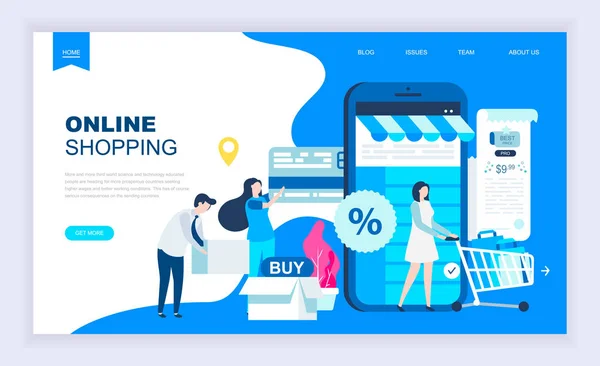 Moderno Concepto Diseño Plano Compras Línea Con Carácter Personas Pequeñas — Vector de stock