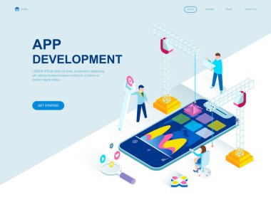 Modern düz tasarım uygulama geliştirme izometrik kavramı insanların karakter Web sitesi ve mobil web sitesi geliştirme için dekore edilmiştir. İzometrik açılış sayfası şablonu. Vektör çizim.