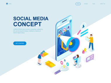 Modern düz tasarım izometrik kavramı sosyal medya insanların karakter Web sitesi ve mobil web sitesi geliştirme için dekore edilmiştir. İzometrik açılış sayfası şablonu. Vektör çizim.