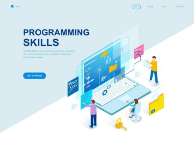 Modern düz tasarım programlama becerileri izometrik kavramı insanların karakter Web sitesi ve mobil web sitesi geliştirme için dekore edilmiştir. İzometrik açılış sayfası şablonu. Vektör çizim.