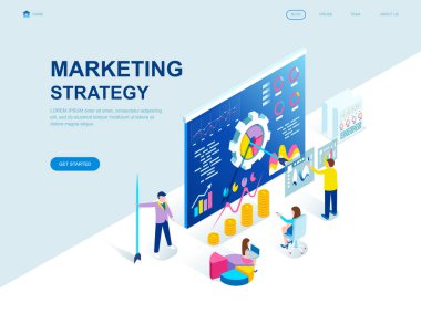 Modern düz tasarım pazarlama stratejisi izometrik kavramı insanların karakter Web sitesi ve mobil web sitesi geliştirme için dekore edilmiş. İzometrik açılış sayfası şablonu. Vektör çizim.