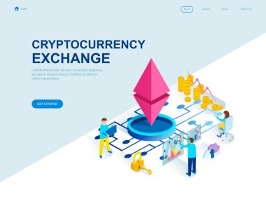Cryptocurrency Exchange modern düz tasarım izometrik kavramı insanların karakter Web sitesi ve mobil web sitesi geliştirme için dekore edilmiş. İzometrik açılış sayfası şablonu. Vektör çizim.