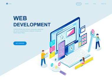 Modern düz izometrik tasarım Web geliştirme web sitesi ve mobil web sitesi geliştirme için insan karakterinin dekore edilmiştir. İzometrik açılış sayfası şablonu. Vektör çizim.