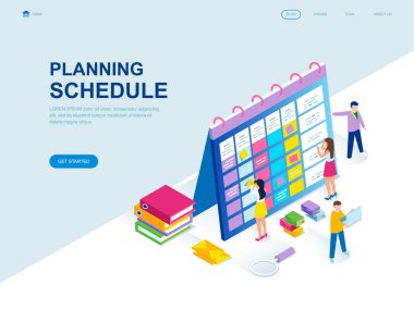 Modern düz izometrik tasarım planlama çizelgesinin insanlar karakter Web sitesi ve mobil web sitesi geliştirme için dekore edilmiştir. İzometrik açılış sayfası şablonu. Vektör çizim.