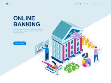 Modern düz izometrik Tasarım Online bankacılık insanlar karakter Web sitesi ve mobil web sitesi geliştirme için dekore edilmiştir. İzometrik açılış sayfası şablonu. Vektör çizim.