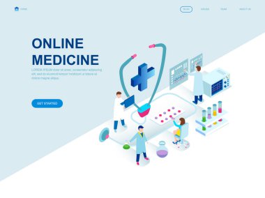 Modern düz tasarım izometrik kavramı tıp ve sağlık insan karakter Web sitesi ve mobil web sitesi geliştirme için dekore edilmiştir. İzometrik açılış sayfası şablonu. Vektör çizim.