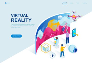 Modern düz tasarım izometrik kavramı sanal Augmented Reality insanlar karakter Web sitesi ve mobil web sitesi geliştirme için dekore edilmiştir. İzometrik açılış sayfası şablonu. Vektör çizim.