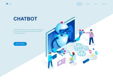 Modern düz tasarım izometrik kavramı Chat Bot ve pazarlama web sitesi ve mobil web sitesi geliştirme için insan karakterinin dekore edilmiştir. İzometrik açılış sayfası şablonu. Vektör çizim.