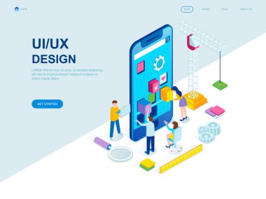 Modern düz tasarım izometrik kavramı Ux ve UI tasarım insanlar karakter Web sitesi ve mobil web sitesi geliştirme için dekore edilmiştir. İzometrik açılış sayfası şablonu. Vektör çizim.