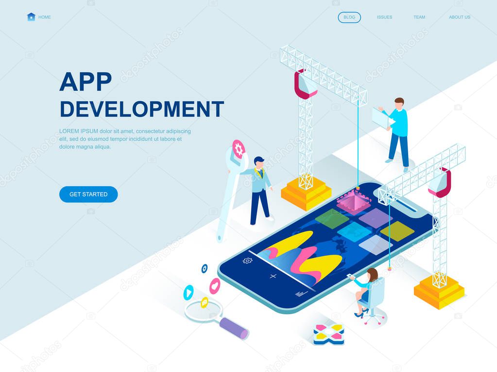 Modern flat design isometric concept of App Development decorated people character for website and mobile website development. Isometric landing page template. Vector illustration.