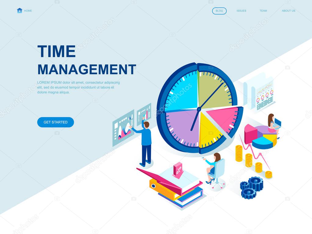 Modern flat design isometric concept of Time Management decorated people character for website and mobile website development. Isometric landing page template. Vector illustration.