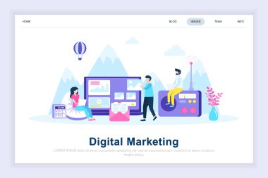 Dijital Pazarlama modern düz tasarım konsepti. Reklam ve insanlar kavramı. Açılış sayfası şablonu. Web sayfası, Web sitesi ve mobil web sitesi için kavramsal düz vektör çizim.