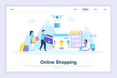 Online alışveriş modern düz tasarım konsepti. Satılık, tüketim ve insanlar kavramı. Açılış sayfası şablonu. Web sayfası, Web sitesi ve mobil web sitesi için kavramsal düz vektör çizim.