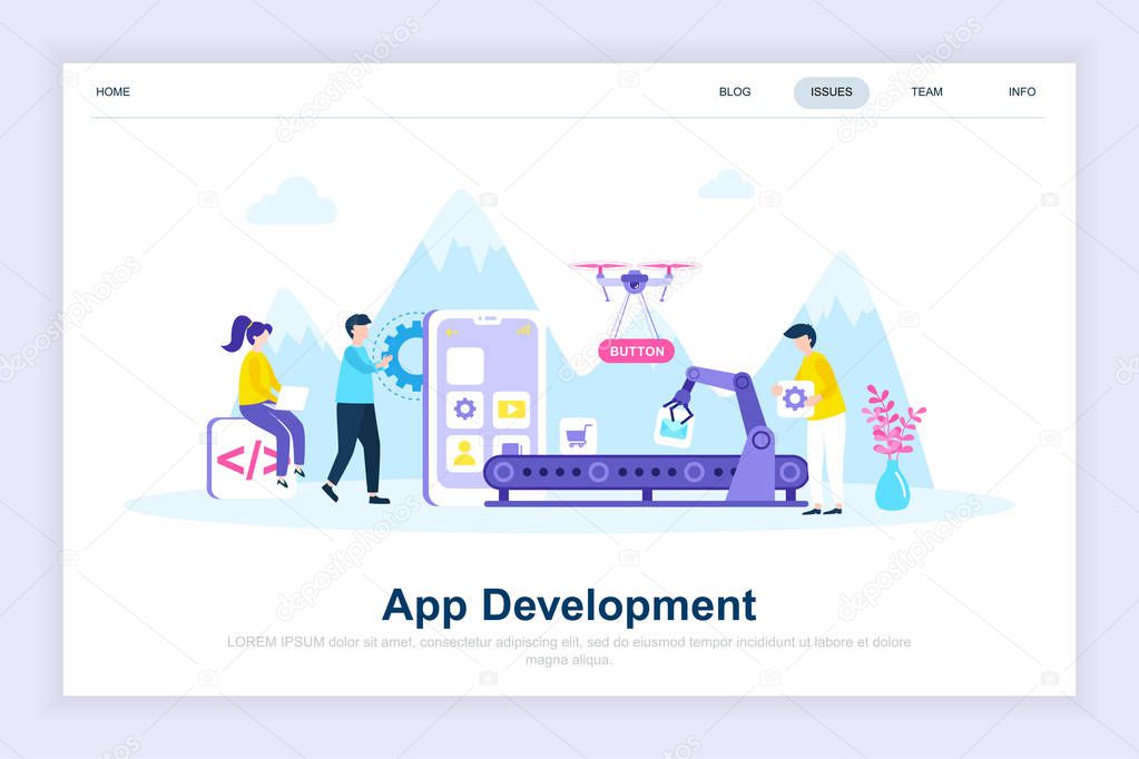 App development modern flat design concept. Smartphone and people concept. Landing page template. Conceptual flat vector illustration for web page, website and mobile website.