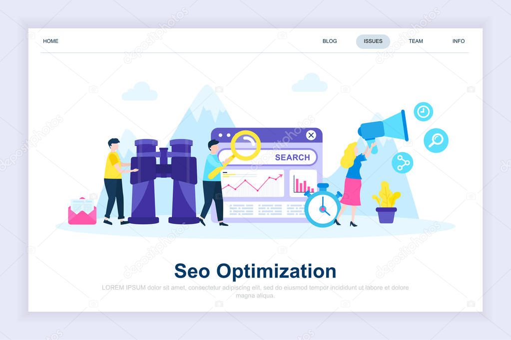 Seo analysis modern flat design concept. Search engine and people concept. Landing page template. Conceptual flat vector illustration for web page, website and mobile website.