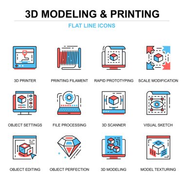 Düz çizgi 3d baskı ve simgeler kavramlar Seti Web sitesi ve mobil site ve uygulamalar için modelleme. Tarama, teknoloji ölçekleme hacimsel nesne. İnce çizgi renk basit piktogram paketi. Vektör çizim.