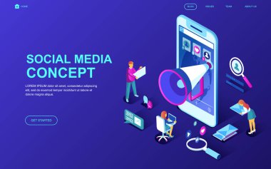 Modern düz tasarım izometrik kavramı sosyal medya insanların karakter Web sitesi ve mobil web sitesi geliştirme için dekore edilmiştir. İzometrik açılış sayfası şablonu. Vektör çizim.